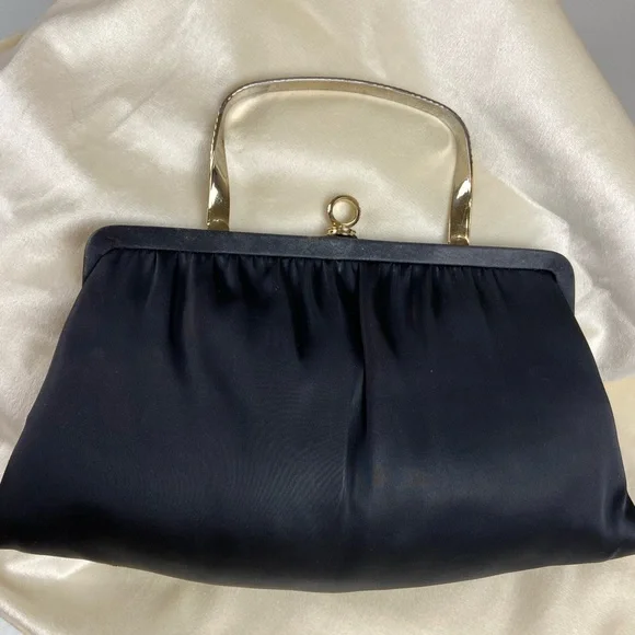 Vintage 1960s Andé Black Satin Evening Bag Gold Frame Collapsible Handle Clutch - Picture 2 of 9
